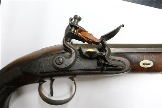 An Edwards flintlock pistol and two replicas